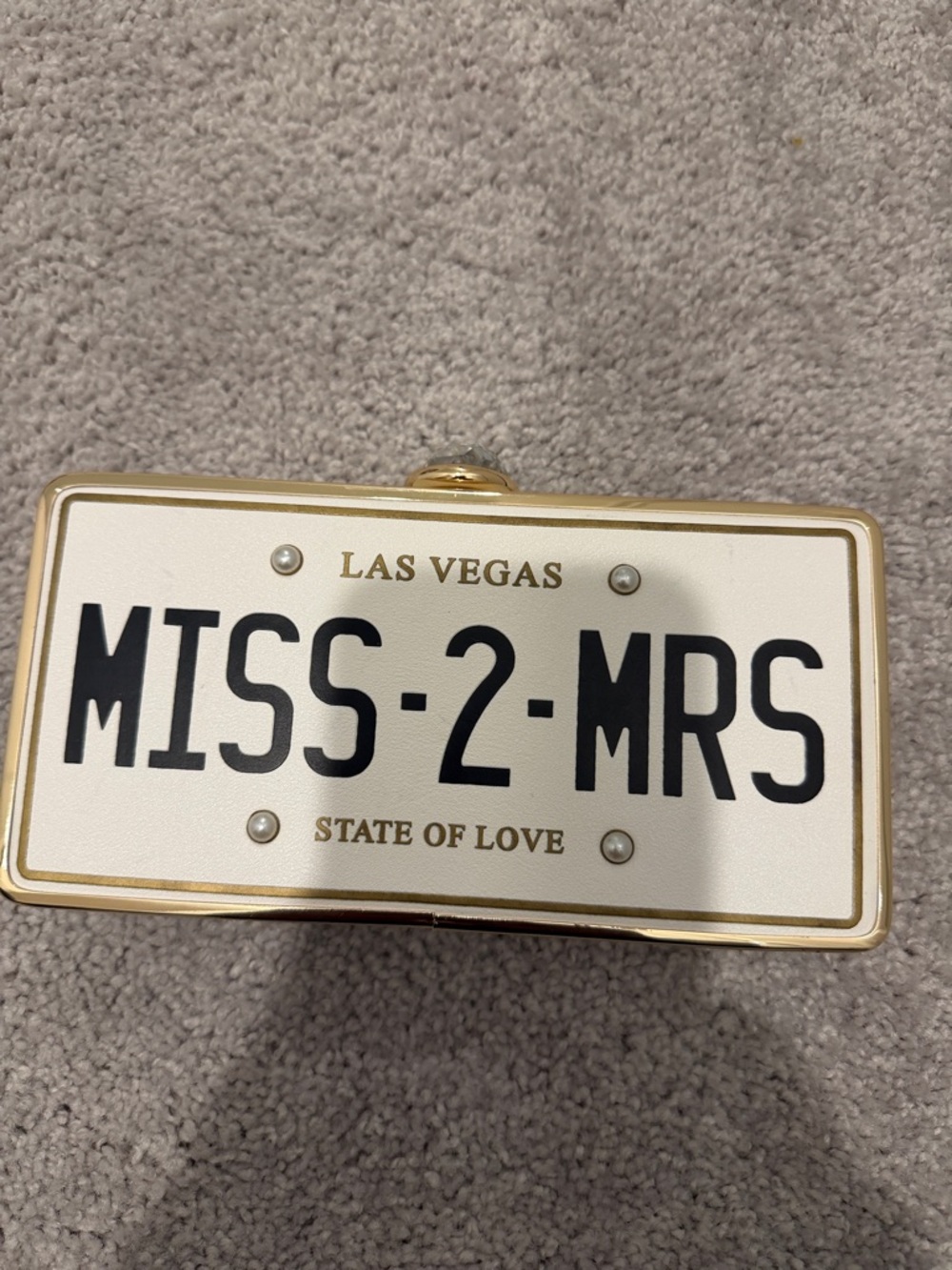 Aldo White and Gold License Plate Clutch